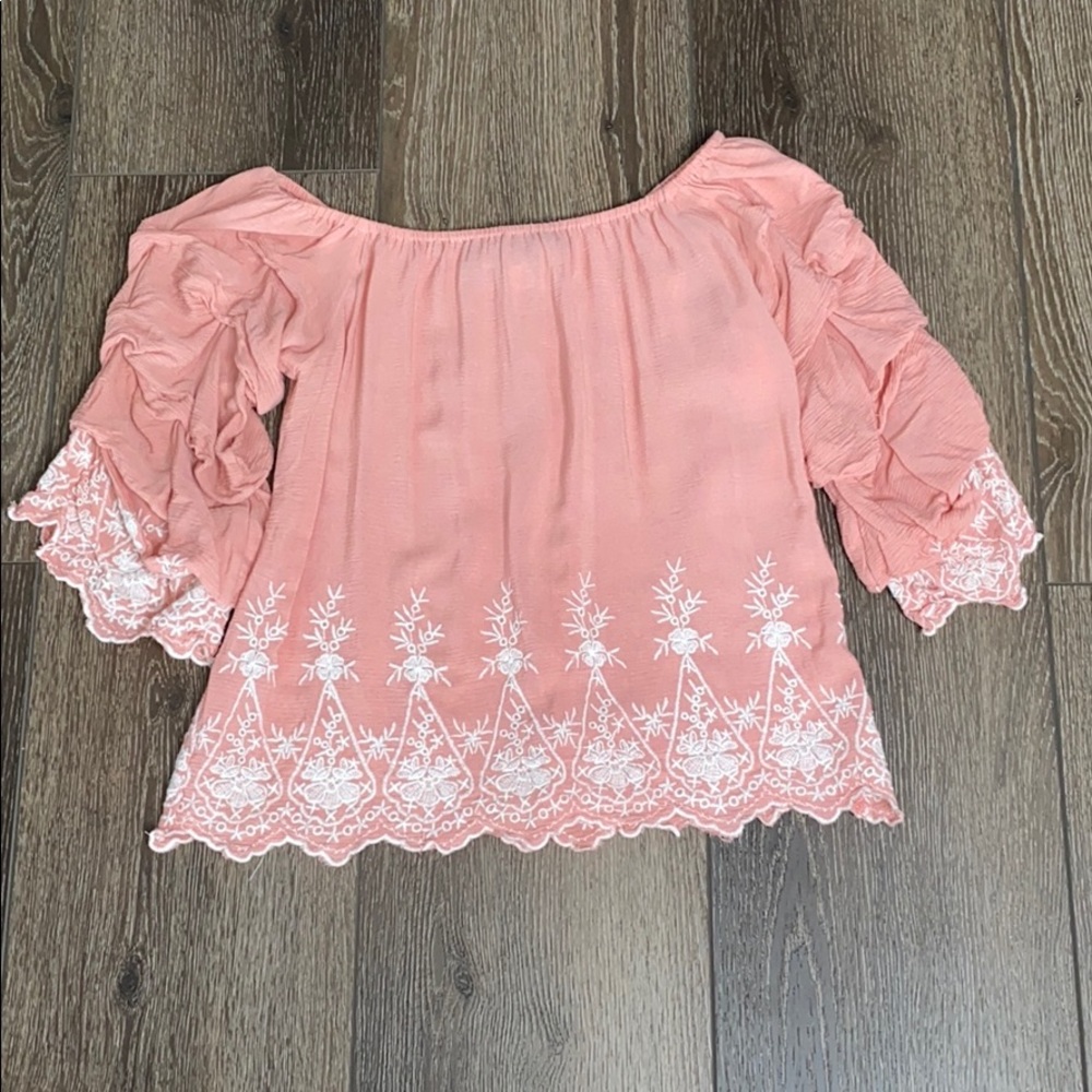 Blue Rain off-shoulder top w/white embellishments